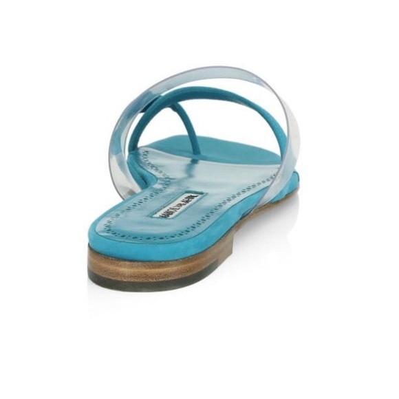 New Manolo Blahnik Blue Teal Susina Crisscross Toe-Strap Flat Sandals Size 37 - Picture 4 of 12